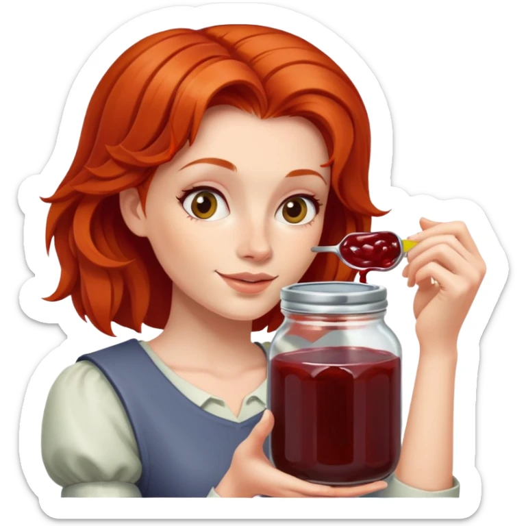redhead woman showing a glass jar with jam at arms length, closeup sticker