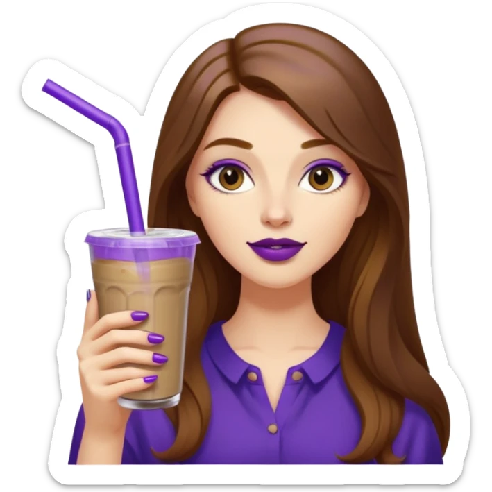 girl with long brown hair, wine lipstick, gold nail polish, drinking a blueberry butter pecan iced coffee with a purple straw  sticker