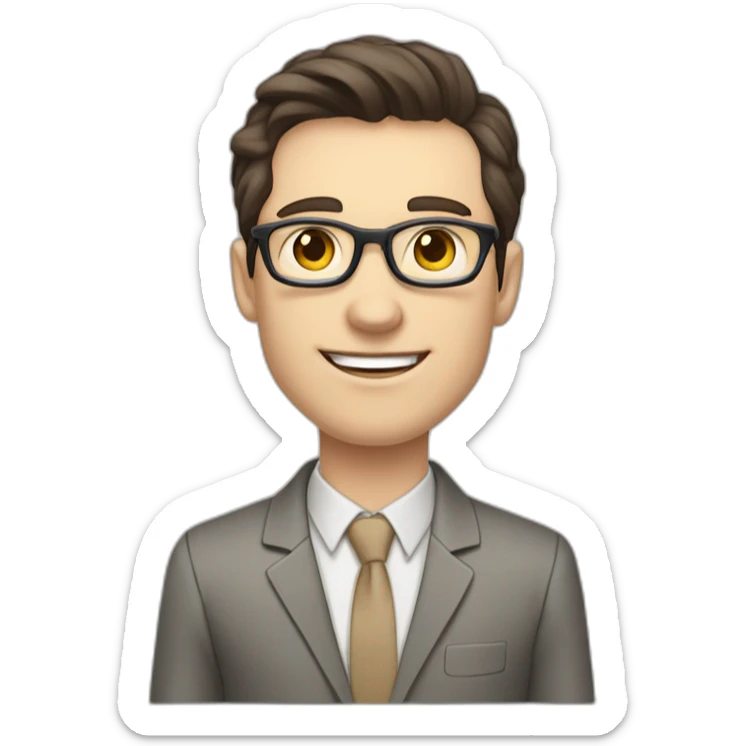 Pale skinned fit man with dark brown hair in gray jacket, beige office shirt, brown tie, brown pants and vintage glasses Writing on a marker board sticker