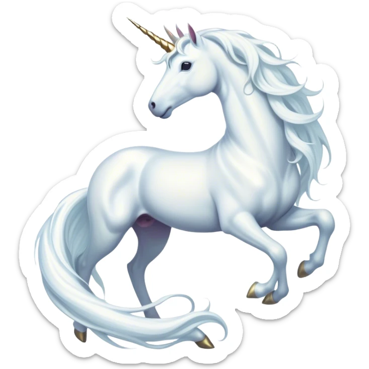 Cinematic Noble White Unicorn Portrait Emoji, Poised and regal, with a slender, ethereal form draped in a pristine white color, a flowing mane and tail, and a glistening, spiraled horn that radiates pure light, Simplified yet sharp and sophisticated features, highly detailed, glowing with a soft, iridescent luminescence, high shine, intelligent and transcendent, stylized with an air of mythical enchantment, focused and serene, soft glowing outline, capturing the essence of a watchful and confident white unicorn that appears ready to prance out of the screen with magical grace! sticker