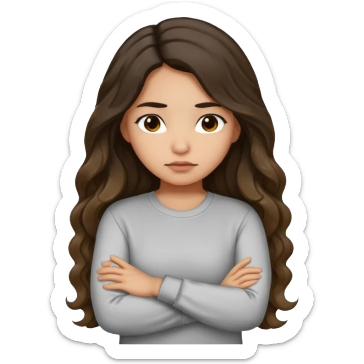 Hispanic light tan girl with long dark wavy hair slightly pouting and arms crossed. Wearing a long sleeve. Hair with middle part. sticker