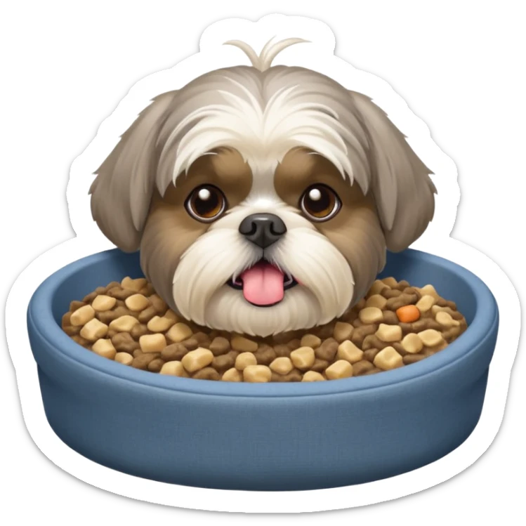 old ALL grey shih tzu in dog bed with bowl of food tongue hanging out sticker