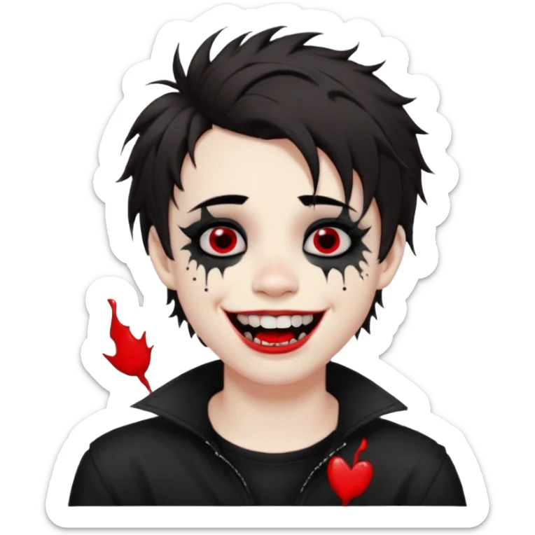 Laughing pale Goth boy with a bunch of face piercings, with shaggy dark brown hair, and messy black eyeliner , smudged, red, lipstick  sticker