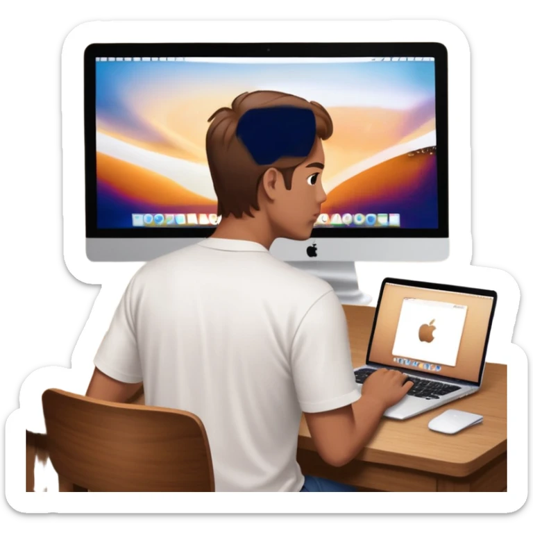 A man seen from behind, with detailed, well-lit hair. He is sitting in front of an open MacBook on a desk. On the MacBook screen, the Instagram logo is clearly visible and glowing.  sticker