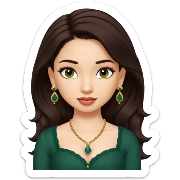 pretty bratz genmoji that looks like tamannah bhatia (bollywood actress), wearing a dark green sweetheart neckline top, dark brown hair, light makeup, no necklace, dangly earrings, side hair part, dark brown eyes, with tattoos sticker