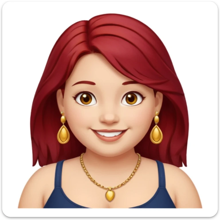 Chubby girl, shoulder length dark red hair, brown eyes, dimples, gold earrings, and necklaces sticker