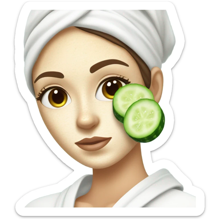 Girl with freackles Brown hair white skin and blue eyes wears Green colored texture skin care mask while She relaxes and puts two round piece of cucumber on her closed eyes In a white Robe sticker