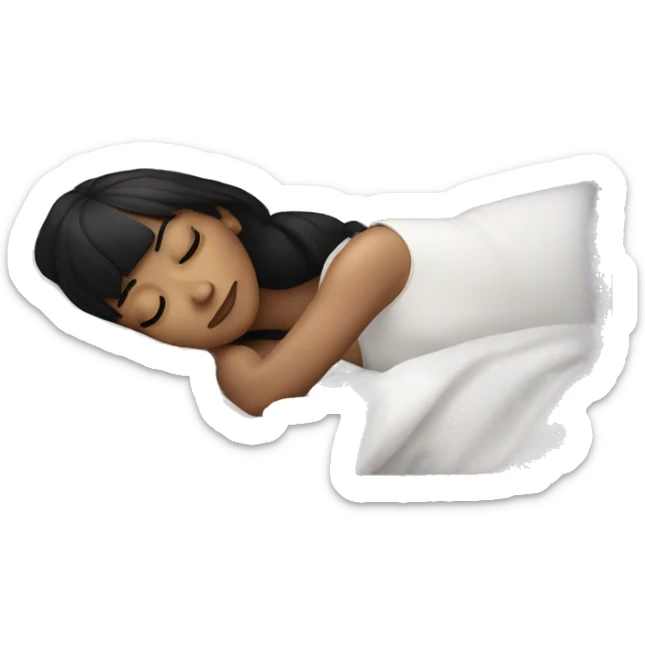Woman pale skin black hair with bangs sleeping in bed with pillow, white woman sticker