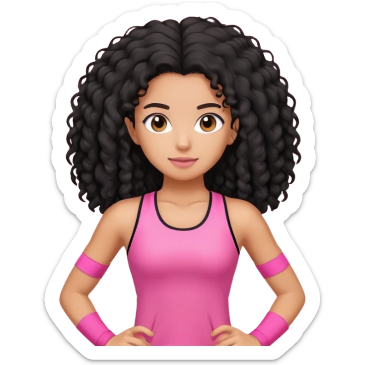 Girl with black frizzy long hair, in pink gym out fit, with tan light skin sticker