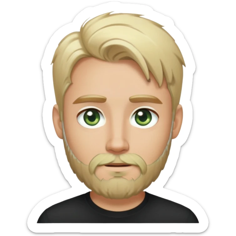 tech sis with blonde hair, pale green eyes, and beard. And black shirt with. like the last few emoji you've made me. sticker