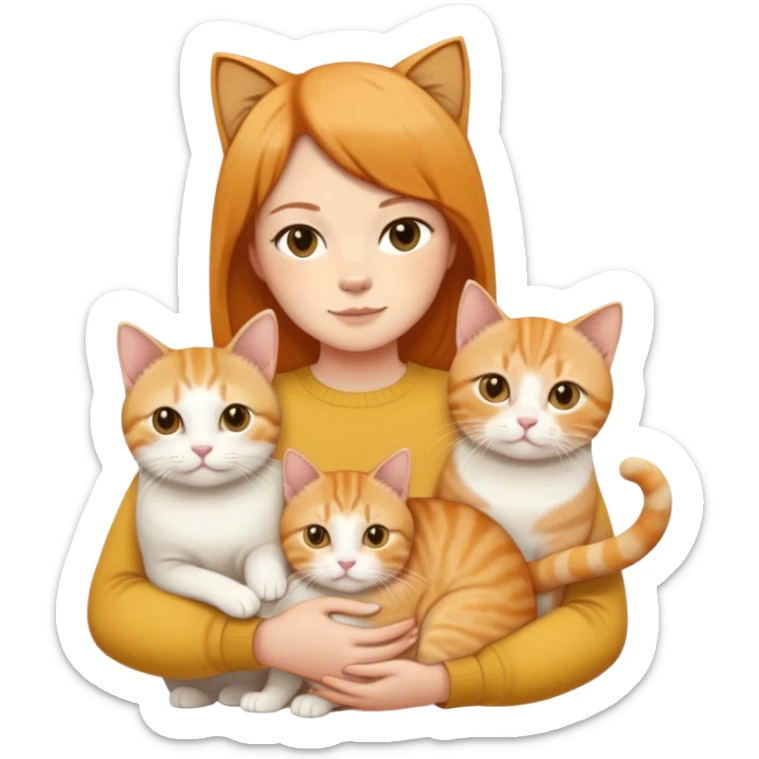 Straight short hair ear length in dark brown , skin tone honey . holding 3 cats - 1 ginger cat , 1yellow white cat , 1 British short hair in cream color cat which are all  same size  sticker