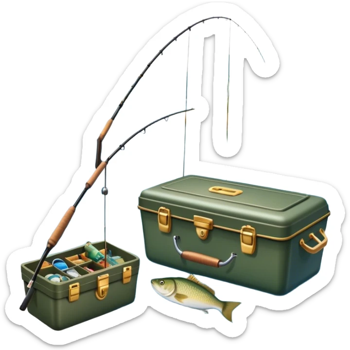 Icon for Fishing: a boat on the shore of a peaceful water body with a beautiful natural landscape, a fishing tackle box, a spinning rod. The icon should capture the tranquility and gear of a fishing adventure. Without frame. Transparent background. sticker