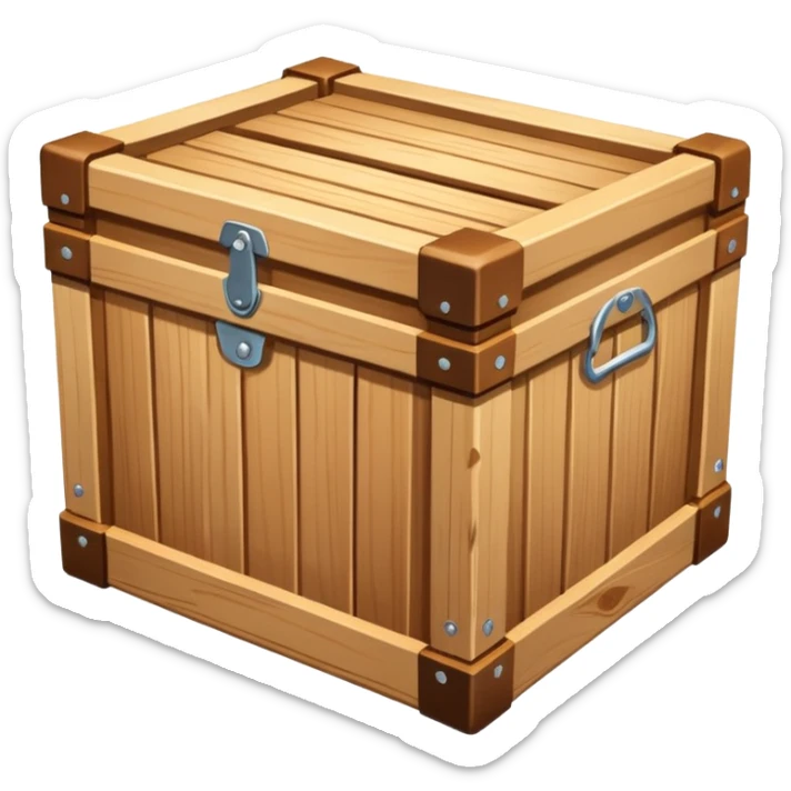 wooden box emoji, classic crate with visible wood grain, reinforced corners, bright lighting sticker
