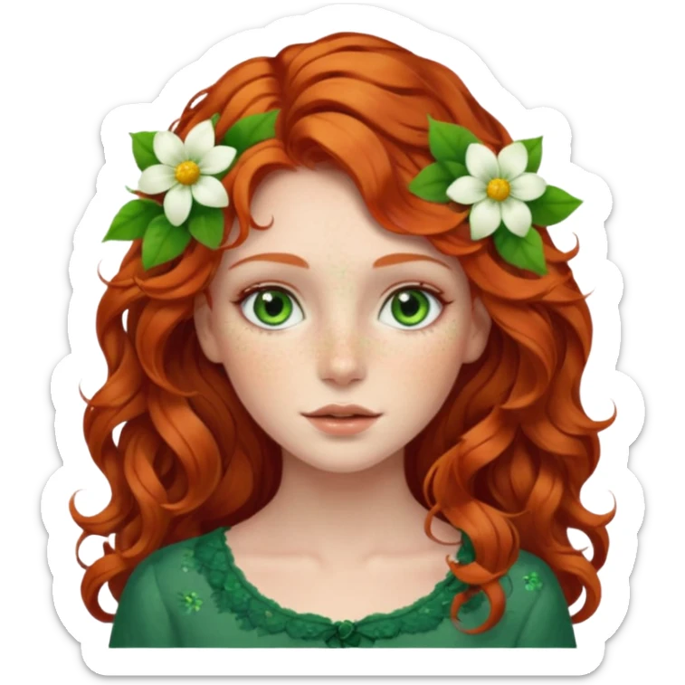 Natural redhead model, green eyes, wavy hair, flowers in hair sticker