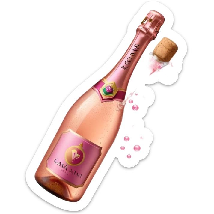 bottle of sparkling rosé champagne with a rose logo on the label, with the cork exploding out from the top, tilted up and to the left, no glass sticker