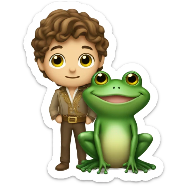 Creat an prince frog saying goodnight to a prince with brown hair and green eyes sticker