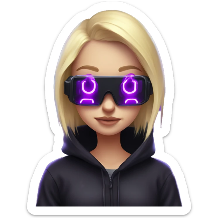 Russian cute blond girl wearing black hoody with violet letters "OMG", in vr headset. Cyberpunk style. Violet neon. sticker