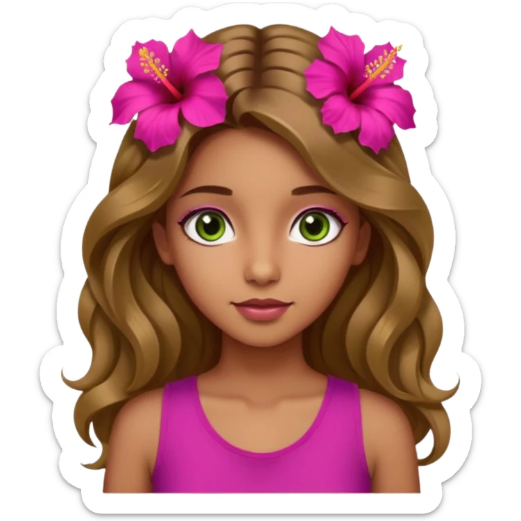 Una ragazza con gli occhi tra il marrone e il verde con gli occhi grandi i capelli lunghi castani quasi biondi lunghi fino alle spalle,poi magra con un top fucsia e uh hibicus sempre fucsia trai capelli  sticker