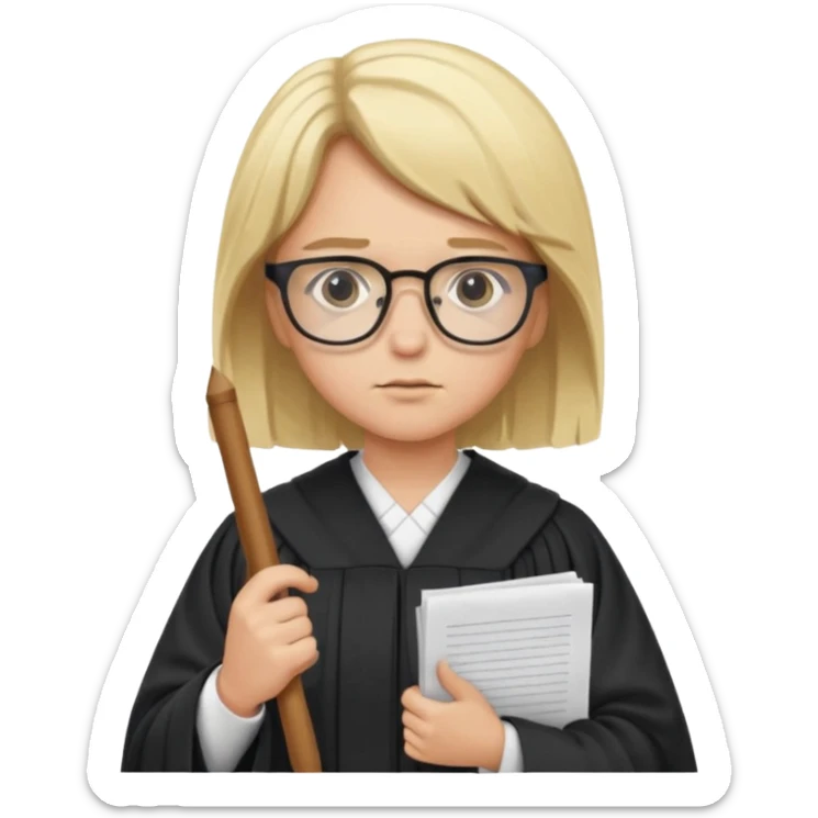 Young judge, blonde hair with glasses and robe, hold a paper sticker