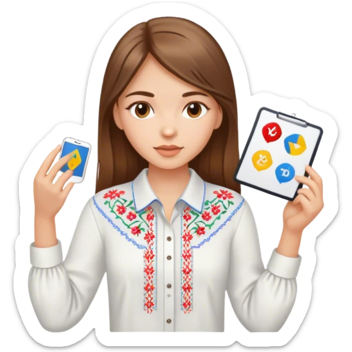 A Ukrainian girl with brown hair in an embroidered shirt holds a diagram sticker
