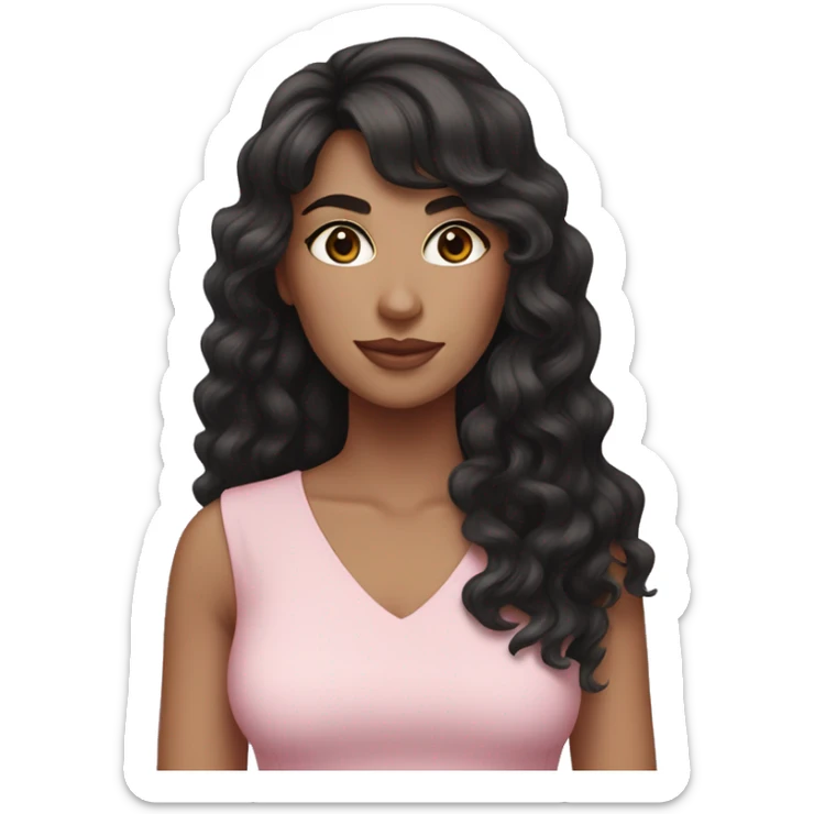 White woman with long black curly hair and bangs and dark brown eyes, wearing a pastel pink dress sticker