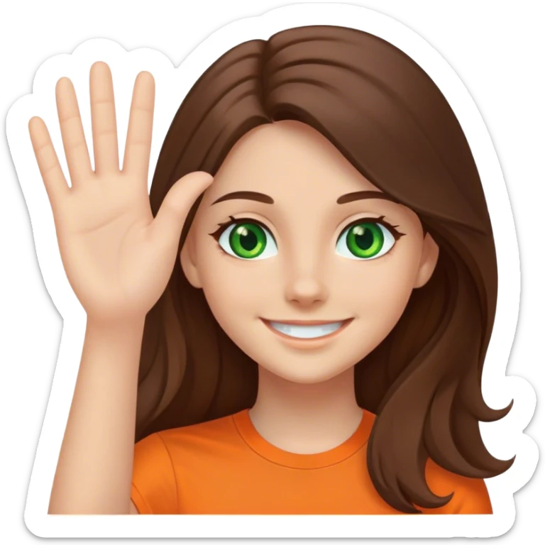 smiling girl with long brown hair, middle hair split, waving, green eyes, orange shirt sticker