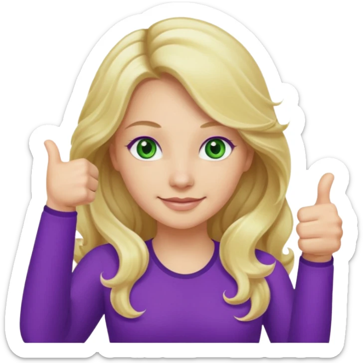 lady with long wavy blonde hair, purple top, green eyes, thumbs up sticker