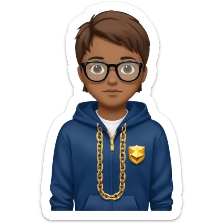 Brown hair with black glasses and lends have black and a dark blue hoodie that says caylus kingdom with black pants and a gold chain  sticker