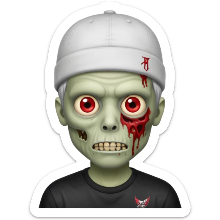 a zombie with the edgar hair cut chrome hearts shirt, one red eye and a nike skully on his head sticker