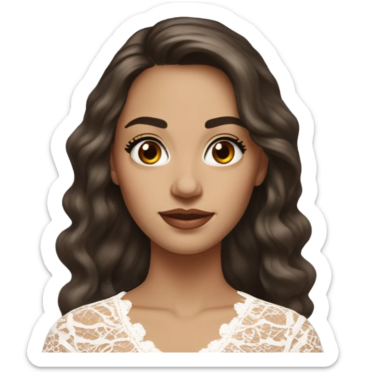 hyper realism Adult woman with brown eyes, light tanned skin, long wavy dark brown hair, wearing a white lace dress, thin eyebrows sticker