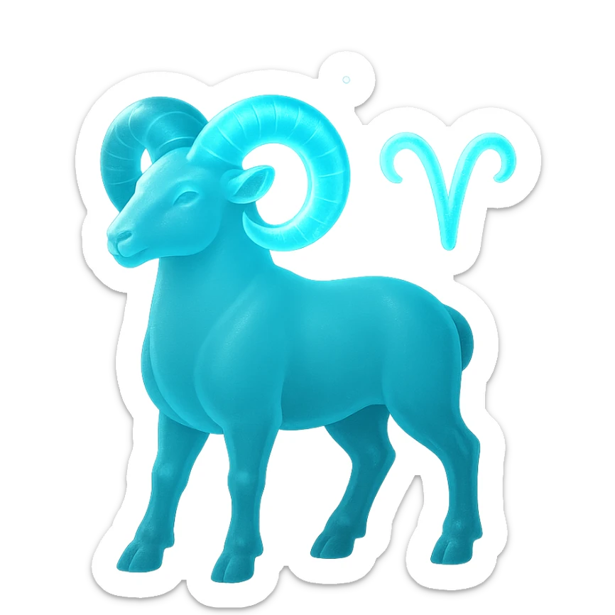 "A digital illustration of the Aries zodiac sign, a majestic ram with glowing horns, incorporating the color #00d9ff prominently in its design, celestial background, mystical and cosmic atmosphere" sticker