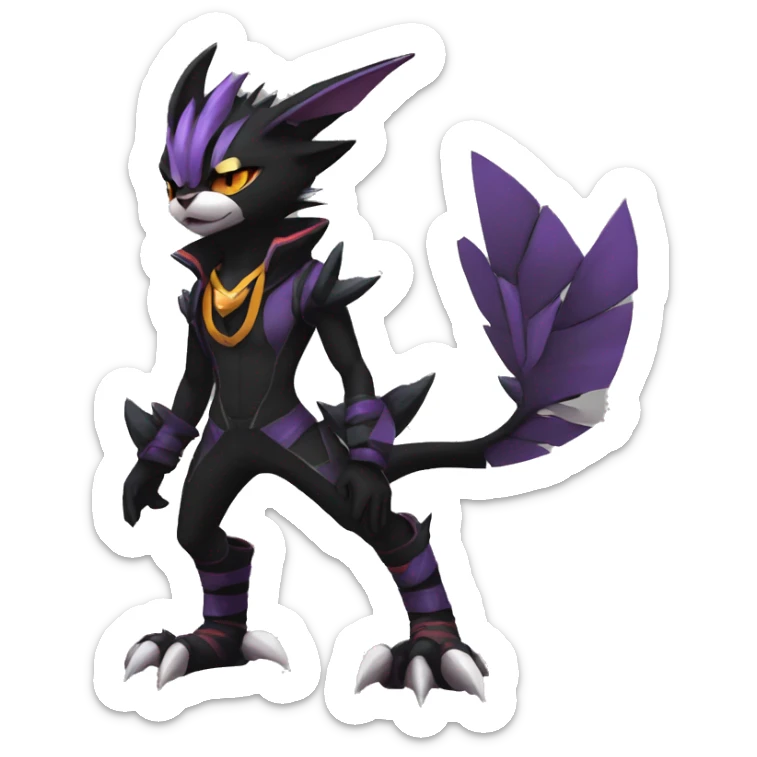 Cool Anthro Black Noivern-Quiana-Litten-Pokémon with edgy stripes hoodie spiked collar punk Full Body sticker