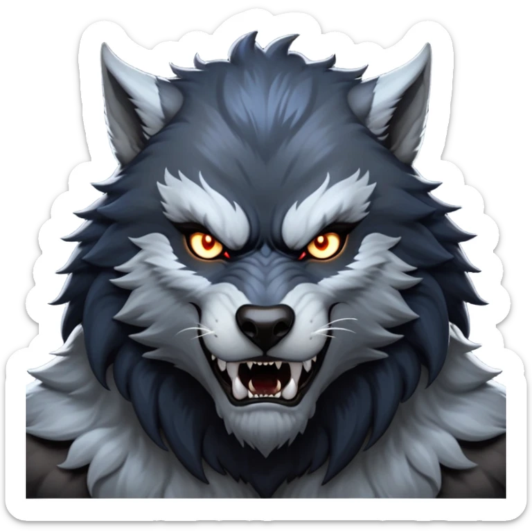 cinematic-noble-fierce-werewolf-portrait-emoji, poised-and-imposing, with a tall, slender yet muscular frame inspired by the brutal, imposing shape of the beast from Berserk, fur rippling in shades of midnight black and silver, eyes glowing with an intense, primal ferocity, reflecting the untamed power of the wild moonlit night; rendered with realism sticker