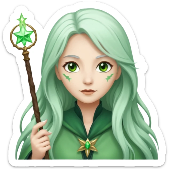 Woman with green skin color with white color long hair and carrying a magic wand sticker