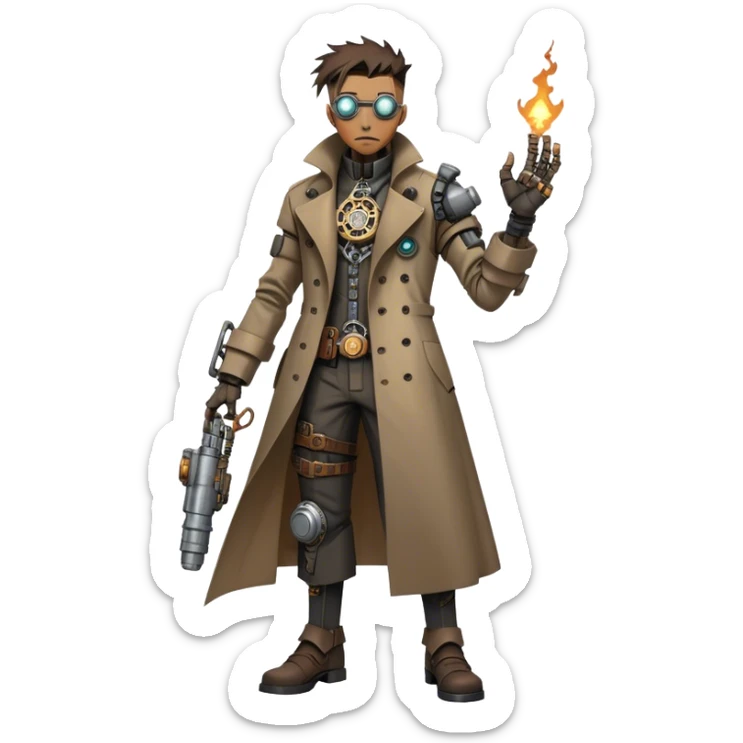 cartoonish, rough, and battle-worn cyber-steampunk Dr. Numen Oppen! His rugged trench coat, exposed mechanical joints, and worn cybernetic enhancements capture the fusion of steampunk and cyberpunk aesthetics. sticker