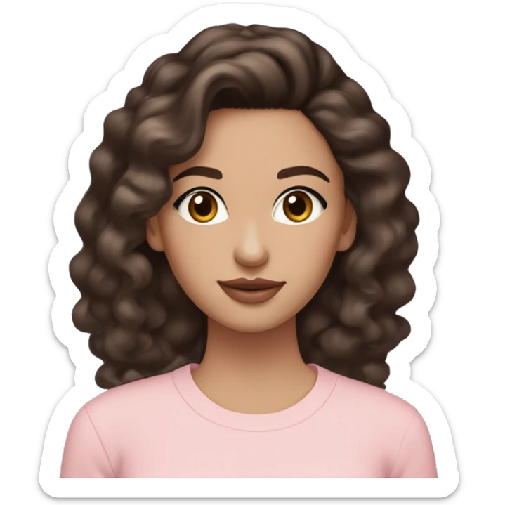 brunette girl with light pale skin,thin brows,brown eyes,wavy long dark hair in pastel pink clothes,accessories and hoop earring and eye makeup sticker