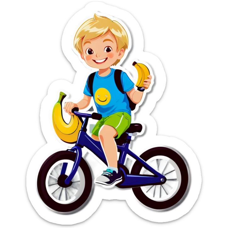 Blonde boy with a smile about to eat a banana  on a bike  sticker