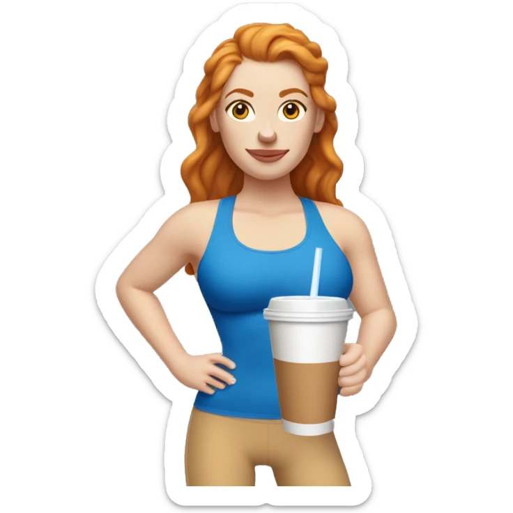 Ginger hazel eyed straight haired white girl in blue sports bra and leggings, drinking iced coffee sticker