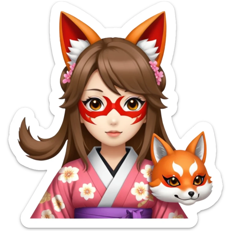 hime gyaru girl, kimono, brunette hair, kitsune mask sticker