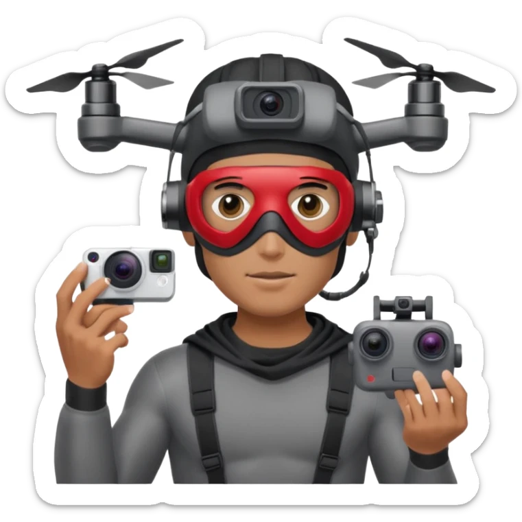 Super hero photographe, gopro sur la tête, masque ce fpv  (style Apple vision) sur les yeux. Un drone à côté de lui. Il tiens un appareil photo reflex. sticker