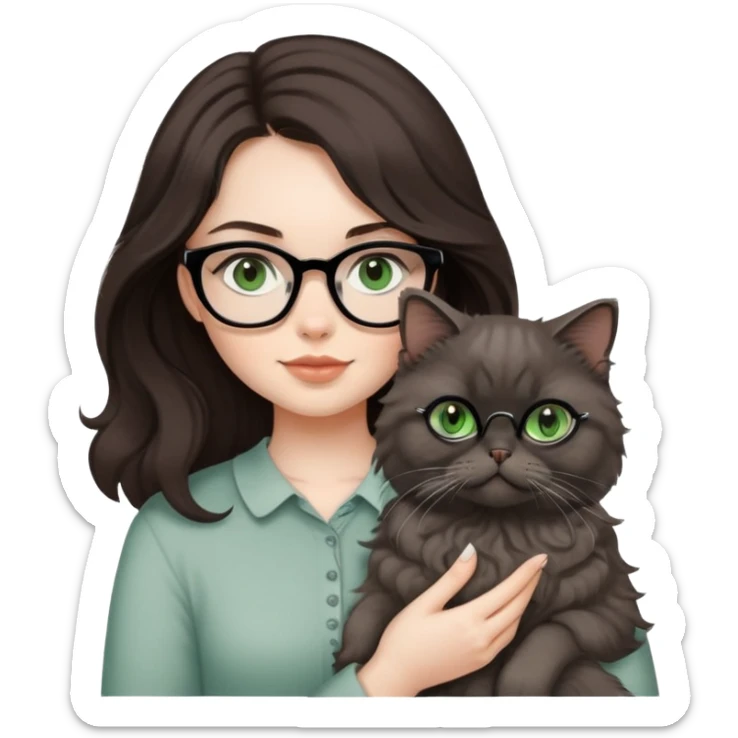 make a girl with medium length wavy hair thats dark brown, dark brown eyes, very pale skin, wearing black glasses, while holding a gray persian cat with green eyes sticker