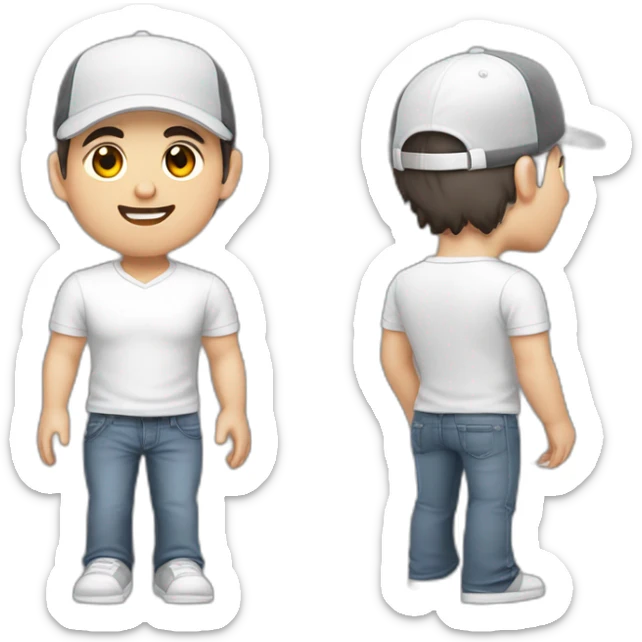 Pale skinned fit Man with dark brown hair in a white cap, gray jeans and gray polo T-shirt keeping a pasted with tape box into his hands sticker