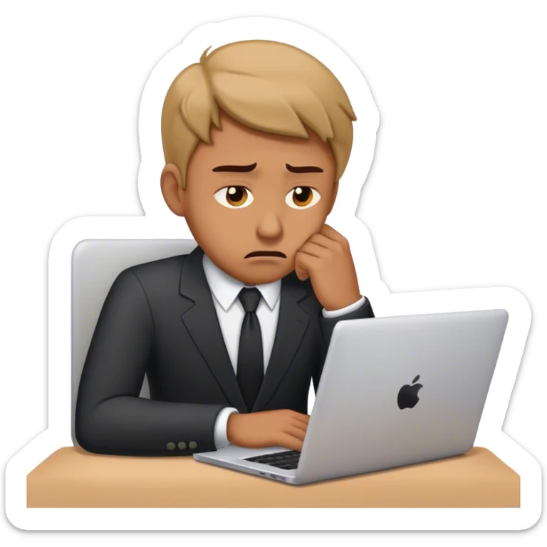 Minimalist emoji of a sad businessman at a laptop, looking exhausted and frustrated. sticker