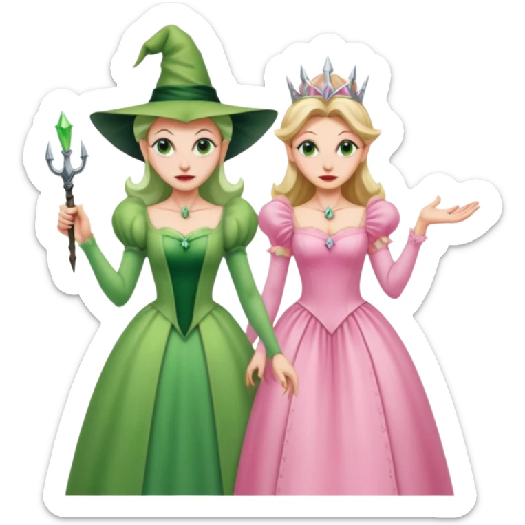 make an emoji of the green wicked witch standind behind the good witch Glinda and being overly protective looking angry and glinda looking happy sticker