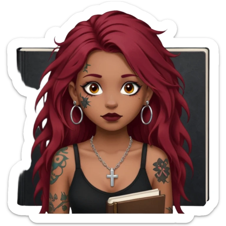 generate an ios genmoji of a dusky girl with long dark red messy hair with eyeliner on her eyes. septum piercing, wearing a cami black top, has tattoos, on shoulders. ear piercings. wearing a cross silver necklace. carrying a lot of sketchbooks sticker