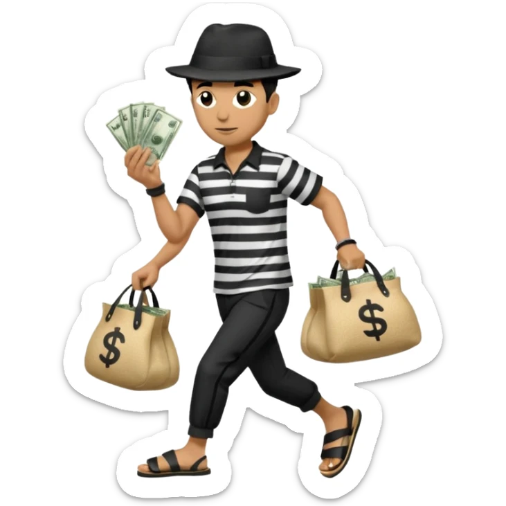 Make a man wear a black pant and he shirt is balck line and white line and wear a black hat and he holding a money bag and he running he wear a black eye thing no money in the Left hand and he yellow and the money bag in the right he wear a flip flop like this is Money bag 💰 NO MONEY sticker
