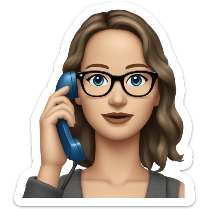 Realistic Photo of Brunette Jennifer Lawrence wearing black glasses and blue eyes talking on the phone  sticker