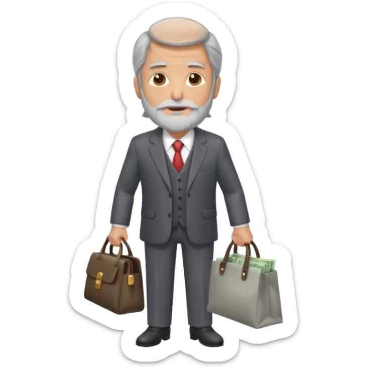 Un hombre con traje, de unos 60 años con barba, pelo largo, sin gafas y con una bolsa de dinero, importante, con traje de negocios y sin gafas  sticker