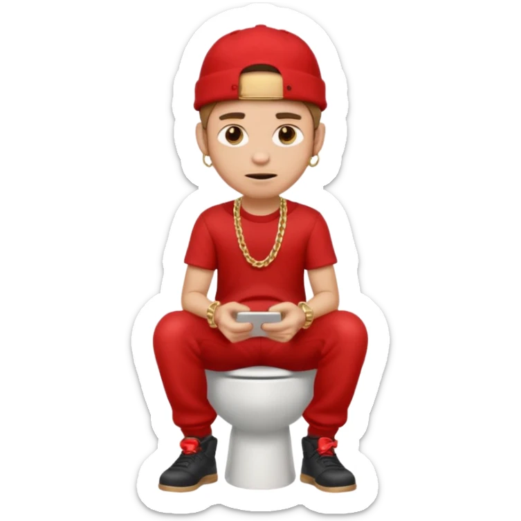 Full-body cartoon emoji of a young man with red sideways cap, short fade, gold chain, nose ring, sitting on a toilet holding his phone, pants down, relaxed expression” sticker