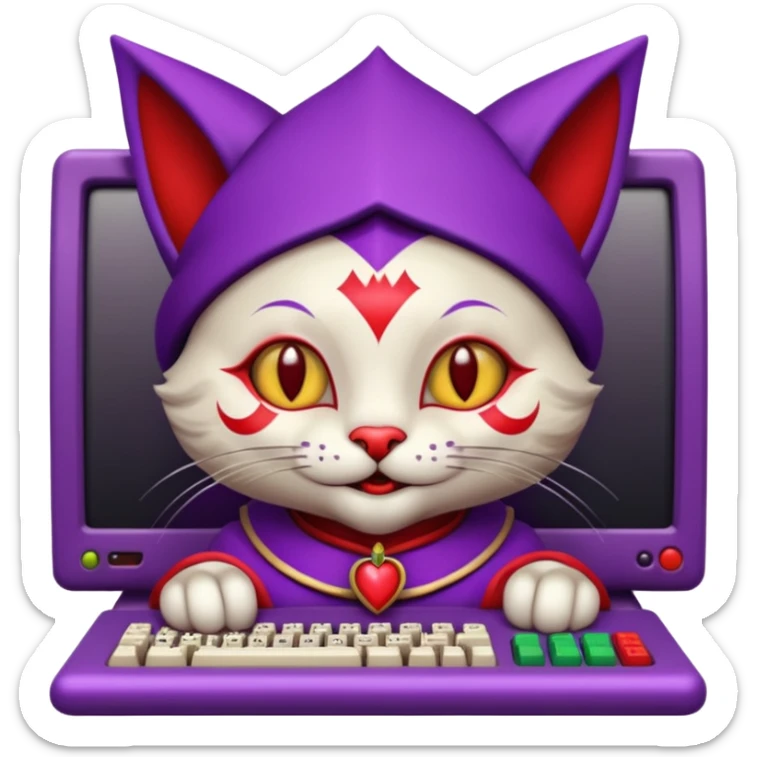 crazy colorful cute little cat jolly joker from poker, medieval, vintage, court jester, mac os icon, purple and red color, half body. The cat is represented as Code inside a retro computer terminal sticker